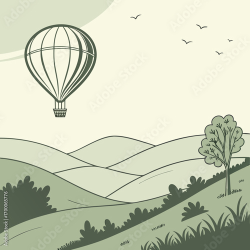 Illustration of a hot air balloon floating over a serene landscape with rolling hills and a solitary tree, evoking a sense of adventure and tranquility in nature