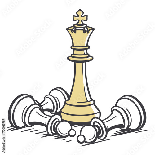 Vector art of a captivating illustration of a victorious chess king standing tall amidst fallen pawns, symbolizing strategy, triumph, and the ultimate victory in a game of intellect