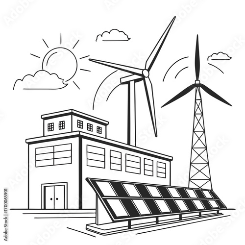 Illustration of a factory powered by solar panels and wind turbines, a sustainable and ecofriendly solution for a greener future with renewable power