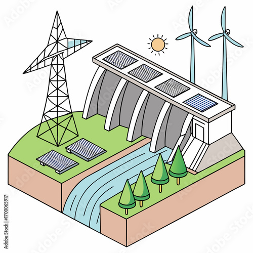 Vector art of isometric illustration of a hydroelectric dam with solar panels, wind turbines, and a transmission tower, , representing renewable energy generation