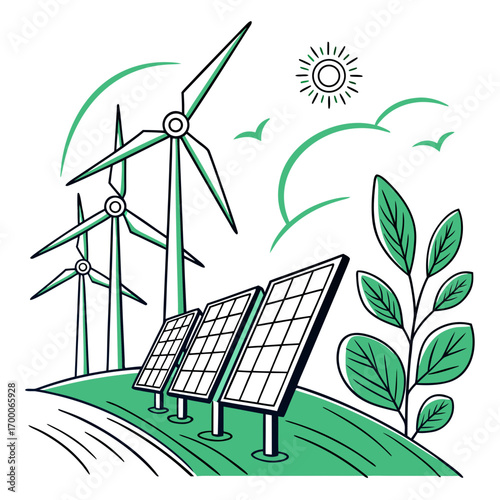 Illustration of wind turbines and solar panels on a hill with leaves, , symbolizing sustainable energy production and environmental awareness