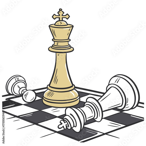 Illustration of a chess game with a golden king standing tall amidst fallen pawns, symbolizing victory and strategic dominance the checkered board adds depth