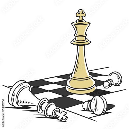 Illustration of a chess game with a golden king standing tall amidst fallen pawns, symbolizing victory and strategic dominance the checkered board adds depth