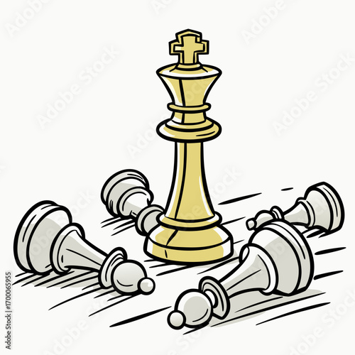 Illustration of a chess game with a golden king standing tall amidst fallen pawns, symbolizing victory and strategic dominance the simple background adds depth
