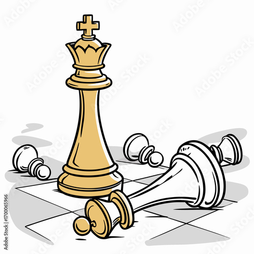 Illustration of a chess game with a golden king standing tall among fallen pawns on a checkered board, depicting strategy, victory, and the triumph of leadership