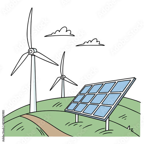 Vector art of cartoon illustration of wind turbines and solar panels on a green hill renewable energy and sustainable technology concept in a simple style