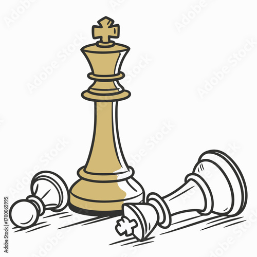 Illustration of a chess game with a golden king standing tall among fallen pawns, symbolizing strategy, victory, and the triumph of leadership and planning