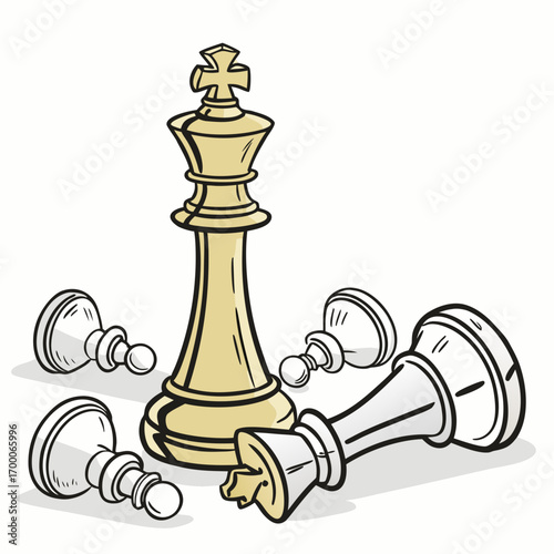 Illustration of a chess game with a golden king standing tall among fallen pawns, symbolizing victory, strategy, and the triumph of leadership and planning