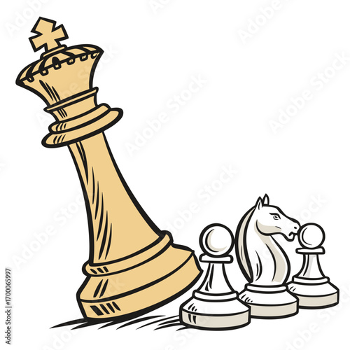 Vector art of a cartoon illustration of a chess game with a fallen king piece and other pieces like pawn and knight, symbolizing defeat or strategic game over