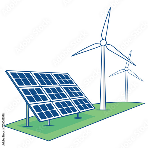 Vector art of cartoon illustration of wind turbines and solar panels on a green field renewable energy and sustainable technology concept in a simple style