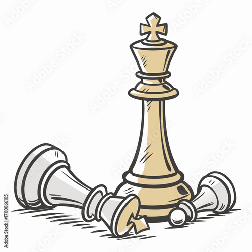 Illustration of a chess game concept with a standing king piece and fallen pawns, symbolizing victory, strategy, and the end of a match