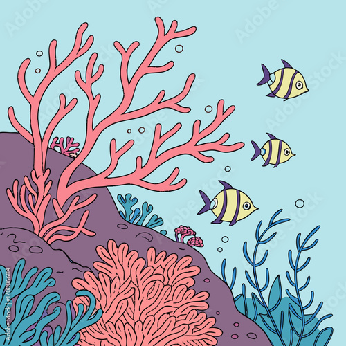 Illustration of a vibrant coral reef teeming with colorful fish swimming amidst seaweed and rocks, showcasing the beauty and diversity of marine life in an underwater ecosystem