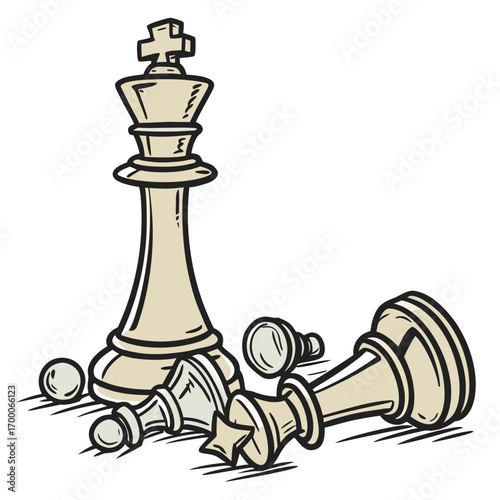 Illustration of a chess game with a king standing tall while pawns lie defeated on the board, , symbolizing strategy, victory, and the fall of opponents