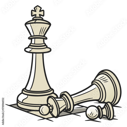 Illustration of a chess game with a king standing tall while a pawn lies defeated on the board, , symbolizing strategy, victory, and the fall of opponents