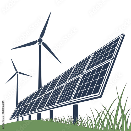 Illustration of solar panels and wind turbines generating clean energy, , showcasing sustainable technology for a greener future and environmental conservation
