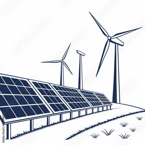 Illustration of solar panels and wind turbines generating clean energy, , showcasing sustainable technology for a greener future and environmental conservation
