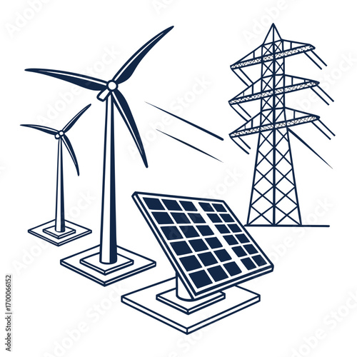 Vector art of hand drawn illustration of wind turbines, solar panel, and power lines, representing renewable energy sources, promoting sustainability