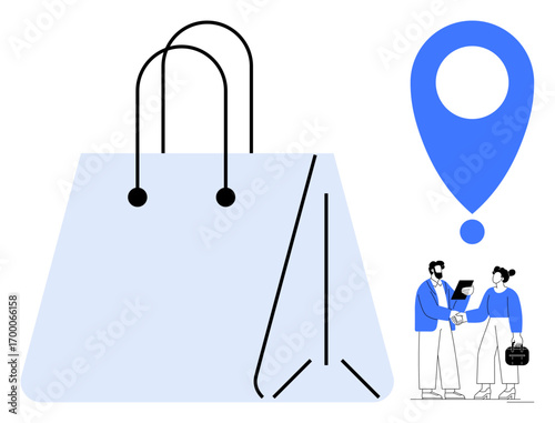Large shopping bag, location pin, and two professionals shaking hands. Ideal for retail, shopping, business partnerships, navigation, e-commerce, logistics delivery and simple flat metaphor