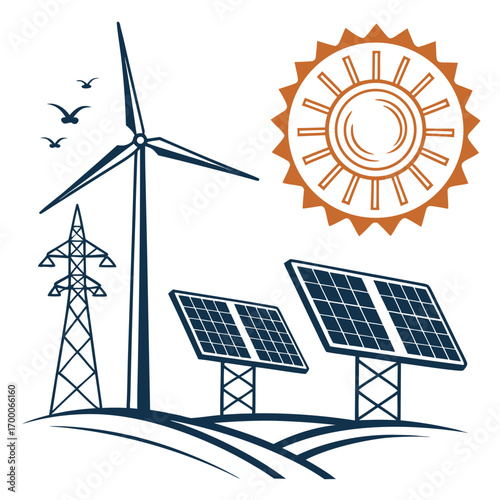 Illustration of renewable energy sources with wind turbine, solar panels, and power lines, promoting sustainable energy, and a sun