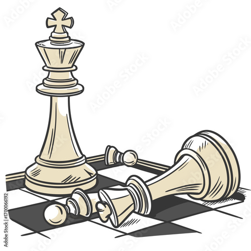 Illustration of a chess game with a king standing tall over fallen pawns on a checkered board, a symbol of strategy, victory, and leadership