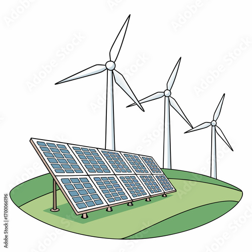 Illustration of solar panels and wind turbines on a green hill, symbolizing renewable energy, sustainability, and environmental consciousness