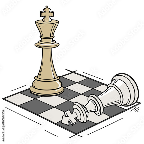 Vector art of illustration depicting a chess king standing tall on a checkered board, while a fallen king lies defeated, a symbolic representation of strategic victory