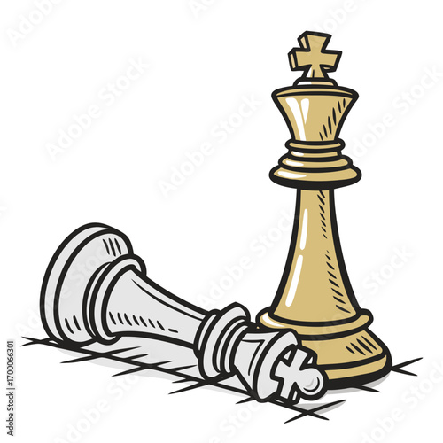 Vector art of illustration showcasing a chess king standing triumphantly beside a defeated opponent, this artwork symbolizes strategic gameplay, victory, and the dynamics of competition