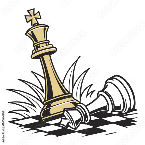 Illustration of a chess king standing victorious over a fallen opponent on a checkered surface, symbolizing strategic triumph and the dynamics of competitive gameplay