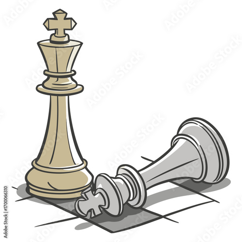 Vector art of illustration depicting a chess game with a fallen king piece next to a standing king, the scene conveys defeat, strategy, and the end of a match in a simple style