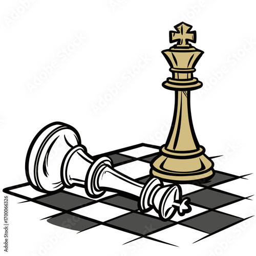 Illustration of a chess game with a fallen king piece beside a standing king, the image represents strategy, defeat, and the conclusion of a chess match