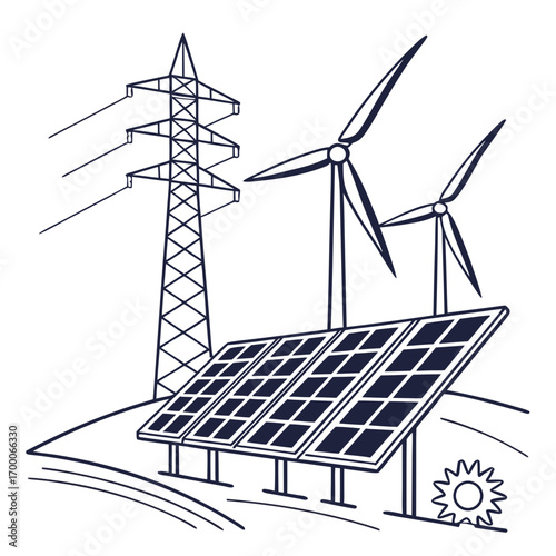 Illustration of renewable energy sources including solar panels, wind turbines, and a power transmission tower, the image symbolizes clean energy and sustainability