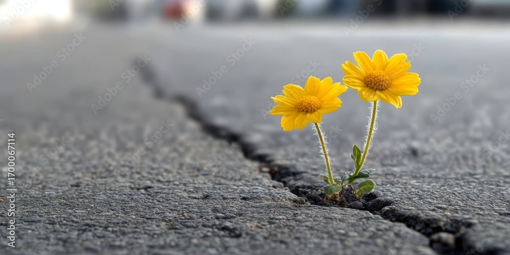 Naklejka premium Yellow Flowers Blossom Through Cracks in Urban Asphalt, Symbolizing Resilience and Hope for Life