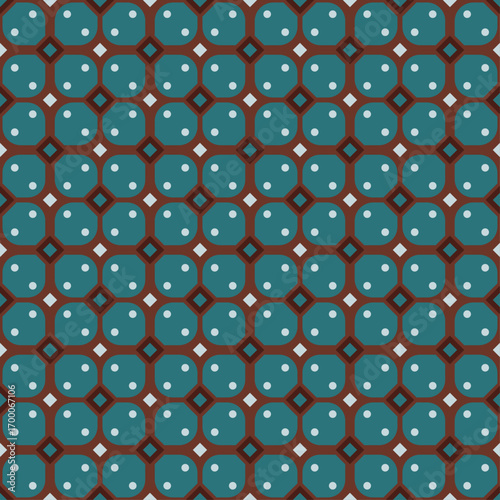 A retro-inspired seamless pattern with a geometric design reminiscent of traditional motifs. The vibrant combination of teal, maroon, and white gives it a playful and unique look.