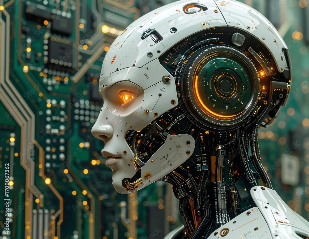 Fototapeta premium Futuristic Android Woman with Circuit Background in High-Tech Environment