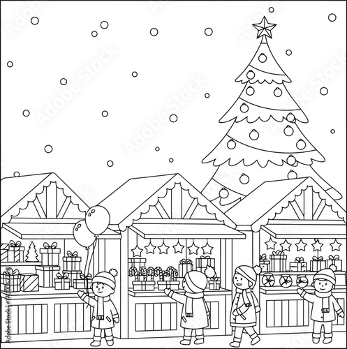Charming monochrome illustration of children enjoying festive winter market festivities with snow falling and a grand Christmas tree