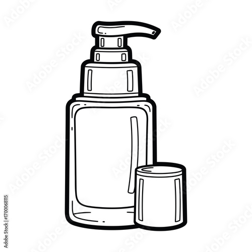 A simple black and white line art illustration of a cosmetic pump bottle for beauty and skincare concepts.