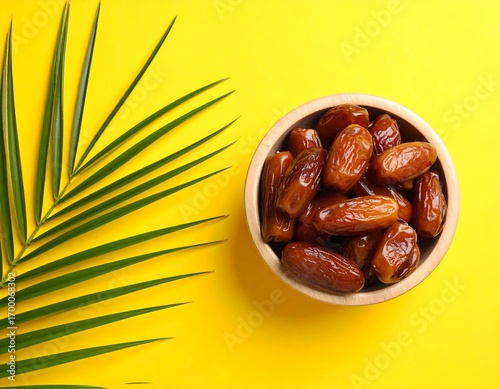 Dried dates in wooden bowl on yellow background