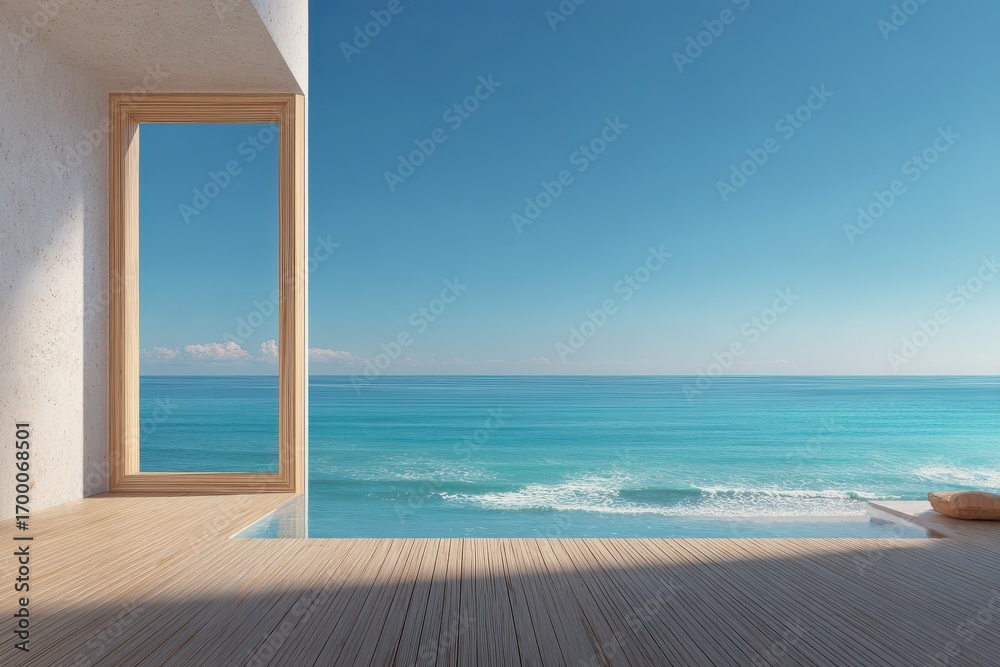 Fototapeta premium Modern open room with a wood floor viewing blue ocean and sky outside. Ideal for advertising luxury travel, resorts or vacation rentals.