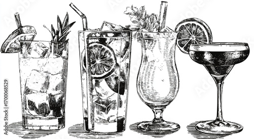 Elegant hand drawn illustration of four different cocktails on a white background bar drinks concept