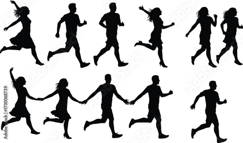 Silhouettes of people running and walking, holding hands, group fitness activity, outdoor exercise, healthy lifestyle, friendship, movement, dynamic vector illustration.