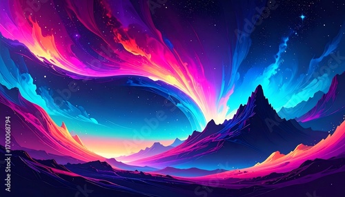 Colorful Aurora Mountain Landscape.
