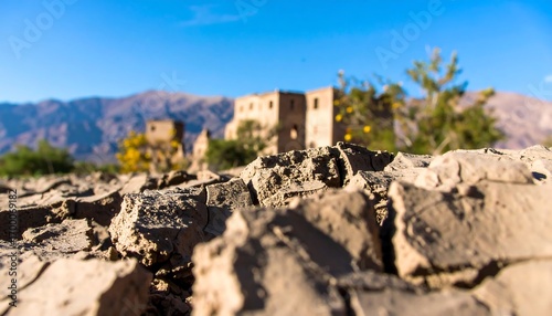 Dried earth foreground with blurred ancient buildings