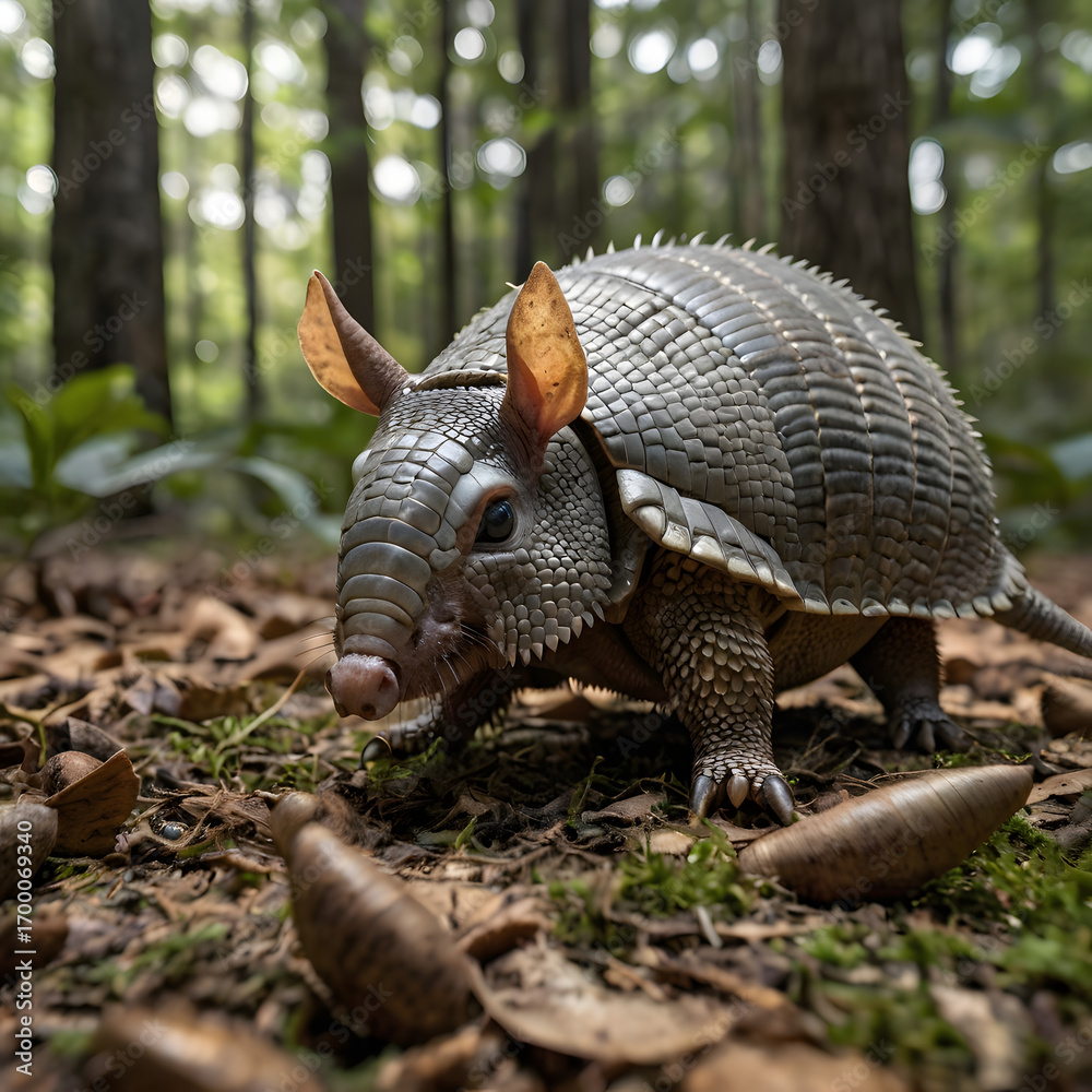 Obraz premium An armored armadillo navigates a forest floor. Its unique shell and alert posture hint at the challenges and mysteries of the natural world.