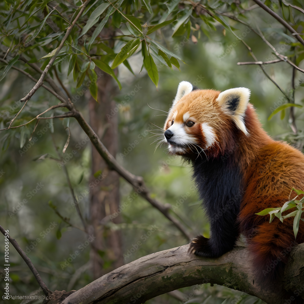Fototapeta premium A captivating image captures a stunning red panda perched in a lush tree. This moment depicts the charming creature in its natural habitat, highlighting the animal's vibrant fur and inquisitive gaze.