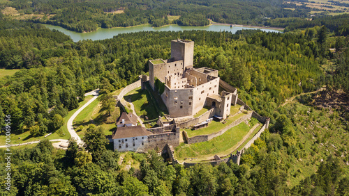 Aerial view of castle Landstejn. Large castle ruins in Czech republic, Europe.