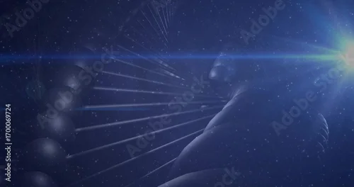 Obraz Rotating molecular helix of spheres and rods glowing in deep blue cosmic backdrop, with lens flare