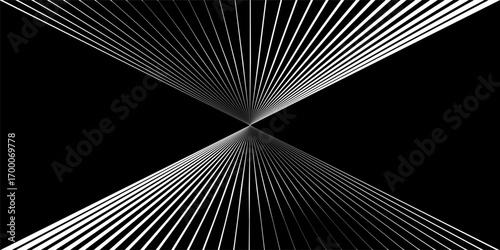 Abstract background with diagonal lines which are concentrated in the center. Perspective grid white lines on the black background