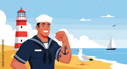 Muscular sailor flexes bicep with lighthouse and seagull on sandy beach scene