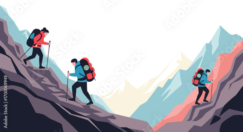 Hikers ascending rugged mountain peaks on a clear day expedition adventure
