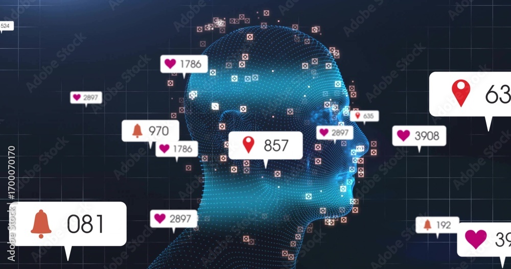 Naklejka premium Displaying digital mesh head facing right on dark blue grid, with floating social media icons